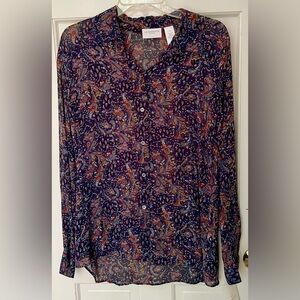 Women’s Liz Claiborne Sheer Long Sleeve Paisley Navy Button Blouse Medium NWT$59